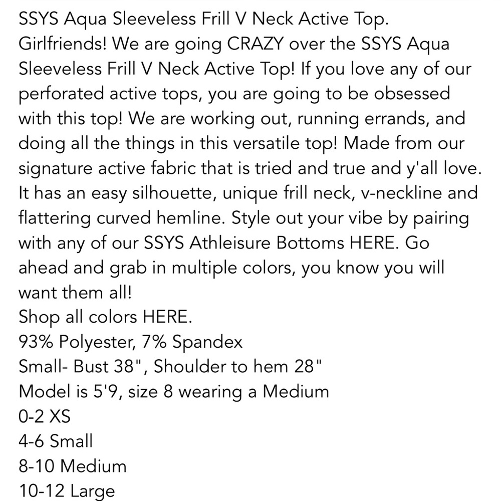 SSYS Aqua OR Bright Melon Sleeveless Frill V Neck Active Top - Picture 10 of 10